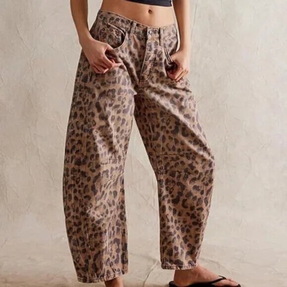 Leopard Print Baggy Barrel Cut Jeans Pants - Picture 1 of 6